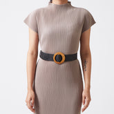 Black elastic rattan wood buckle belt